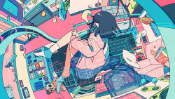  1girl akabane_1999 bag black_hair blue_socks cable cat clock commentary computer control_panel cup digital_clock drink english_commentary english_text flat_color floating floating_hair food from_above full_body highres holding holding_cup hologram holographic_interface hot_dog indoors ligne_claire long_hair long_sleeves mask mixed-language_commentary monitor note original paper paw_print pink_shirt power_cord red_eyes respirator screen shelf shirt sitting skirt slice_of_life socks soda solo space spacecraft trash_can variant_set vending_machine zero_gravity 
