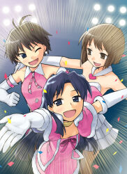  3girls :d ;d \o/ alternate_eye_color arms_up black_hair blue_eyes blue_hair brown_eyes brown_hair capelet confetti cute_&amp;_girly_(idolmaster) dress elbow_gloves emphasis_lines fur-trimmed_capelet fur_trim gloves gold_choker hagiwara_yukiho heebee idolmaster idolmaster_(classic) idolmaster_1 kikuchi_makoto kisaragi_chihaya multiple_girls official_alternate_costume one_eye_closed open_mouth outstretched_arms pink_capelet pink_dress short_hair sleeveless sleeveless_dress smile snow_strawberry_(idolmaster) v-shaped_eyebrows white_gloves 