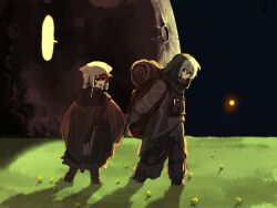  1boy 1girl backlighting backpack bag bedroll black_eyes blank_speech_bubble brown_hair brown_poncho commentary_request crater flower grass grey_hair hair_between_eyes hat highres holding_hands hood hood_up jaggy_lines long_skirt meadow moon open_mouth original poncho shadow shoulder_bag skirt speech_bubble sun vade_(vade_1111) walking 