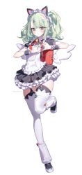  1girl absurdres animal_ear_hairband animal_ears bag bell black_dress black_garter_straps blush cat_ear_hairband cat_ears dress fake_animal_ears garter_straps ghost_hair_ornament green_eyes green_hair hair_ornament hairband hairclip heart heart_hands highres looking_at_viewer maid maid_headdress multiple_hairclips neck_bell official_alternate_costume red_bag solo standing standing_on_one_leg sunna_(afternoon_tea_break)_(zenless_zone_zero) sunna_(zenless_zone_zero) taiyaki12 triangle_hair_ornament white_wings winged_bag wings zenless_zone_zero 