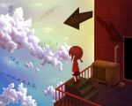  balcony braid chibi chinese cloud clouds cloudy_sky directional_arrow english euler&#039;s_number euler's_number female from_behind german long_sleeves lowres madotsuki mirror_writing outdoors outside red_hair redhead shoes skirt sky slippers solo spoilers stairs surreal text translated twin_braids yume_nikki 