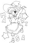  arm_up braid character_name hat kirisame_marisa lineart long_hair miki_(mizuki) monochrome smile solo star touhou wink witch witch_hat 