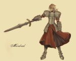  1boy ao_(sodalite) armor armored_dress blonde_hair blood blood_on_face character_name clarent dress fate/stay_night fate_(series) gauntlets hair_ribbon male mordred ribbon saber_of_red solo sword weapon 