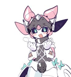  1girl aria_(robot)_(zenless_zone_zero) aria_(zenless_zone_zero) black_sclera blush bow cocomayo29_(tomato) colored_sclera cowboy_shot green_bow green_eyes hands_up humanoid_robot joints looking_at_viewer open_mouth pink_hair robot robot_girl robot_joints simple_background smile solo white_background zenless_zone_zero 