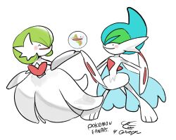  3others artist_name black_eyes bob_cut cape closed_eyes ditto dress elbow_gloves gallade gardevoir gloves green_hair hair_over_one_eye highres mega_gallade mega_gardevoir mega_pokemon mega_stone multiple_others pokemon pokemon_(creature) signature simple_background smile transformed_ditto white_background white_dress white_gloves yueryu_(taroyuer2) 