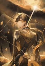  1boy absurdres armor black_gloves brown_hair brown_jacket dynamic_pose earrings genshin_impact geometric_pattern gloves gold_trim golden_hour gradient_hair highres holding holding_weapon jacket jewelry lens_flare long_hair male_focus matuka10101 multicolored_hair orange_hair polearm ponytail shoulder_armor spear sunlight weapon zhongli_(genshin_impact) 