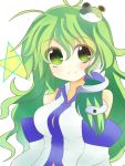  aki_chimaki green_hair kochiya_sanae long_hair looking_at_viewer simple_background smile solo star touhou white_background 