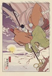  1boy absurdres border cherry_blossoms commentary_request flock green_hakama hakama hat highres holding holding_staff japanese_clothes kumadori_(one_piece) long_hair long_sleeves male_focus one_piece pale_skin pink_hair sandals solo staff sun sutaneko tokin_hat translation_request very_long_hair white_border wide_sleeves 