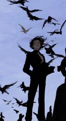  1boy bird black_hair blue_sky closed_mouth commentary_request eye_trail flock graveyard hands_in_pockets highres jacket light_trail male_focus necktie one_piece pants rob_lucci short_hair sky solo standing suit sutaneko tombstone 
