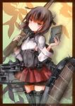  1girl bike_shorts blush boots bow_(weapon) brown_eyes brown_hair clip_(weapon) crossbow flat_chest headband headgear kantai_collection light_smile personification pleated_skirt sakuno_shion short_hair shorts_under_skirt skirt solo taihou_(kantai_collection) thigh-highs thigh_boots weapon 