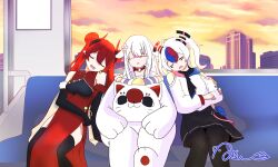  3girls absurdres animal_costume black_gloves black_skirt black_thighhighs blue_hair cat_costume china_(ppfjvdjudk54073) china_dress chinese_clothes closed_eyes commentary_request double_bun dress dusk elbow_gloves gloves hair_bun highres japan_(ppfjvdjudk54073) kokkimusume multicolored_hair multiple_girls myunvrc open_mouth pointy_ears red_hair shirt skirt sleeping south_korea_(ppfjvdjudk54073) streaked_hair thigh-highs twintails vehicle_interior white_hair white_shirt 