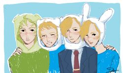  1girl 3boys adventure_time alternate_universe blazer blonde_hair blush brother_and_sister brothers closed_eyes closed_mouth commentary detached_hood english_commentary fern_(adventure_time) finn_the_human fionna_campbell flynn_the_human_being grin hood humanization jacket microsoft_paint_(medium) multiple_boys necktie nikkilikesflorals quadruplets shirt siblings smile t-shirt tongue tongue_out 