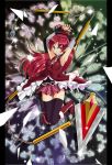  armpits arms_up bare_shoulders black_legwear boots bow breasts chain chains detached_sleeves foreshortening grin hair_bow highres jumping long_hair magical_girl mahou_shoujo_madoka_magica might_shiganai pillarboxed polearm ponytail red_eyes red_hair redhead sakura_kyouko shatter skirt smile solo sparkle spear thigh-highs thighhighs weapon 