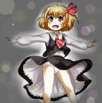  ahoge ascot blonde_hair blush child fang hair_ribbon heart heart-shaped_pupils highres kehukoete open_mouth outstretched_arms panties red_eyes ribbon rumia shirt short_hair skirt skirt_lift skirt_set solo spread_arms symbol-shaped_pupils touhou underwear vest white_panties youkai 
