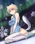  animal_ears aurora blonde_hair blush boots breasts brown_hair cat_ears elbow_gloves erect_nipples gloves green_eyes high_heels kneeling leotard looking_at_viewer nikka_edvardine_katajainen no_bra seen shoes short_hair snowflakes solo strike_witches tail thigh-highs thighhighs ulrich_(tagaragakuin) v_arms 