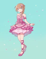  1girl aqua_background aqua_eyes baba_konomi bow braid brown_hair closed_mouth dress dress_bow dress_flower flower frilled_dress frills full_body hair_flower hair_ornament highres idolmaster idolmaster_million_live! idolmaster_million_live!_theater_days leg_ribbon light_smile long_hair looking_at_viewer no_socks official_alternate_costume pink_bow pink_dress pink_ribbon pink_shoes ribbon shoes simple_background single_braid solo standing strapless strapless_dress sushitarou two_side_up 