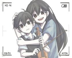  1boy 1girl antenna_hair artist_name black_eyes black_hair black_sweater_vest blue_shirt bright_pupils camera_pov collared_shirt double-parted_bangs hair_behind_ear hiyon_(sun_hiyon) holding holding_instrument holding_violin instrument long_hair looking_at_viewer mari_(faraway)_(omori) mari_(omori) omori open_mouth shirt short_hair short_sleeves siblings sunny_(omori) sweater_vest teeth violin white_pupils white_shirt 