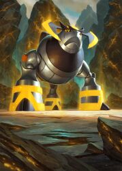  black_sclera colored_sclera commentary english_commentary full_body horns iron_boulder metal_skin no_humans non-humanoid_robot official_art open_mouth orange_eyes outdoors pokemon pokemon_(creature) pokemon_focus pokemon_tcg pokemon_tcg_pocket robot robot_animal solo third-party_source toriyufu 