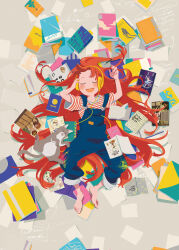  1girl absurdres animal barefoot blue_overalls blush book book_stack cat closed_eyes commentary english_text facing_viewer feet floor from_above full_body grey_background grey_cat hair_spread_out hand_on_headphones hands_on_headphones headphones highres holding holding_headphones knees_up listening_to_music long_hair lying magotsuki_(hurray) on_back on_floor open_book open_mouth orange_hair original overalls paper papers pen pile_of_books red_hair shirt short_sleeves signature smile solo striped_clothes striped_shirt toes variant_set very_long_hair 