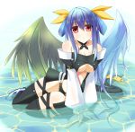 asymmetrical_wings bare_shoulders black_legwear blue_hair breasts dizzy guilty_gear hair_ribbon hoshi_(ho4_no) long_hair looking_at_viewer red_eyes ribbon solo tail thighhighs twintails underboob water wings