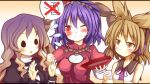  aki_chimaki blush brown_eyes brown_hair gradient_hair headphones hijiri_byakuren long_hair multicolored_hair multiple_girls purple_hair red_eyes sakazuki sake short_hair smile solid_circle_eyes symposium_of_post-mysticism touhou toyosatomimi_no_miko wink yasaka_kanako 