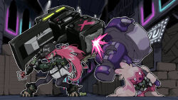  1girl baseball_cap black_boots black_hat black_pantyhose black_survival blacknirrow boots bracelet character_request check_copyright clothed_pokemon commentary commission copyright_request crate crossed_bangs crossover eternal_return:_black_survival eyelashes full_body green_eyes green_jacket grin hair_between_eyes hammer hat highres holding holding_hammer huge_weapon jacket jewelry legs_apart long_hair long_sleeves neon_sign outline pantyhose pink_hair pokemon pokemon_(creature) smile spiked_bracelet spikes standing teeth tinkaton v-shaped_eyebrows weapon white_outline 
