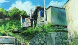  abandoned abandoned_car absurdres air_conditioner commentary_request day grass highres house loca! no_humans official_art outdoors scenery sky stone_wall tree uttama 