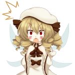  1girl aki_chimaki blush bow brown_hair chestnut_mouth drill_hair fairy_wings hat highres long_hair luna_child open_mouth red_eyes simple_background solo touhou transparent_background white_background wings 