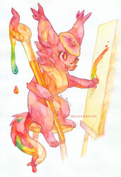  1girl :3 :d animal_ears borrowed_character cat_ears cat_girl cat_tail commentary commission dated digitigrade ear_tufts easel english_commentary full_body furry furry_female hat highres holding holding_paintbrush on_stool open_mouth original oversized_object paintbrush painting_(action) painting_(medium) pink_fur signature simple_background smile solo stool tail teacosies traditional_media watercolor_(medium) web_address white_background 