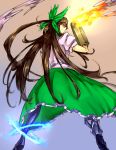  arm_cannon boots bow brown_hair fire hair_bow highres long_hair no_wings red_eyes reiuji_utsuho skirt smile solo temmasa22 touhou very_long_hair weapon 
