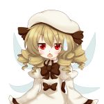 aki_chimaki blush bow brown_hair chestnut_mouth drill_hair fairy_wings hat highres long_hair luna_child open_mouth red_eyes simple_background solo sweatdrop touhou transparent_background white_background wings 