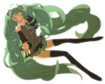  bad_id boots detached_sleeves green_eyes green_hair hanayama321 hatsune_miku headset long_hair necktie simple_background skirt solo thigh-highs thigh_boots thighhighs twintails very_long_hair vocaloid white_background wink 