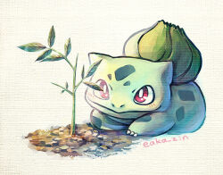  bright_pupils bulbasaur closed_mouth full_body no_humans nostrils pokemon pokemon_(creature) red_eyes signature solo sprout white_pupils zin_(mame_denkyu) 