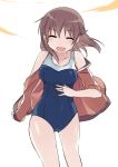 blush breasts brown_hair closed_eyes competition_swimsuit eyes_closed kyouno_madoka mizuki_(koko_lost) one-piece_swimsuit open_mouth rinne_no_lagrange sleeves_rolled_up smile swimsuit swimsuit_under_clothes track_jacket 