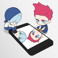  2boys bandana blue_eyes blue_jumpsuit brown_gloves cellphone character_request chibi frown gloves green_eyes grey_background guardians_of_the_videogame hair_over_one_eye jumpsuit manua1s multiple_boys patch_(guardians_of_the_videogame) phone red_hair reflection simple_background smartphone spiky_hair upside-down white_gloves 