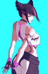  1girl aqua_background aqua_eyes arms_behind_back ass baggy_pants belt black_belt black_gloves black_hair bracelet breasts candy chaps choker collar cowboy_shot diagonal_bangs eyelashes fingerless_gloves food from_behind gloves hair_horns han_juri heterochromia highres jewelry lips lollipop looking_at_viewer looking_back medium_breasts multicolored_hair nose panties_over_leggings pants pink_eyes pink_hair shiny_skin sideboob sidelocks simple_background soles solo spiked_bracelet spiked_choker spikes standing streaked_hair street_fighter street_fighter_6 teeth white_pants yancl50 