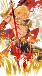  1boy abs abstract_background armlet armor belt chest_tattoo commission commissioner_upload gradient_hair hands_up helmet highres holding holding_polearm holding_weapon honkai:_star_rail honkai_(series) jewelry multicolored_hair muscular muscular_male mydei_(honkai:_star_rail) necklace pauldrons pectorals polearm shei99 shoulder_armor single_pauldron soldier spear tattoo tunic watermark weapon yellow_eyes 