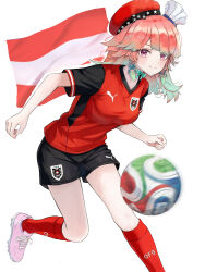  1girl 2026_fifa_world_cup austrian_flag austrian_national_soccer_team_uniform ball commentary earrings english_commentary feather_earrings feathers gradient_hair green_hair hat highres hololive hololive_english jersey jewelry looking_at_viewer multicolored_hair orange_hair puma_(brand) red_hat red_shirt red_socks shirt soccer_ball socks solo takanashi_kiara uduki2025 white_background world_cup 