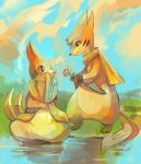  1girl blue_sky buizel couple eye_contact eyelashes floatzel flower grass hand_on_own_face holding holding_flower looking_at_another nature no_humans outdoors pokemon pokemon_(creature) purplekecleon scarf sitting sky soaking_feet standing water 