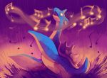  blue_skin commentary creature glowing glowing_eyes highres lapras looking_up musical_note no_humans open_mouth pokemon pokemon_(creature) purple_background purplekecleon rain shell solo splash splashing tongue water 