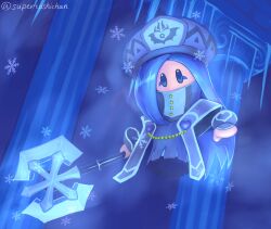  1girl axe battle_axe blue_hair blue_theme commentary_request francisca_(kirby) heart holding holding_axe icicle kirby_(series) kirby_star_allies looking_at_viewer pillar rayman_limbs snowflakes solo supertoshichan weapon 