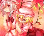  :&gt; arm_hug bat_wings blonde_hair blue_hair bow brooch fang flandre_scarlet hand_on_own_face hat hat_bow highres jewelry leaning_forward light_smile looking_at_viewer multiple_girls no_nose pink puffy_sleeves red_background red_eyes remilia_scarlet short_hair short_sleeves siblings sisters skirt skirt_set smirk touhou wings yokosuka220 