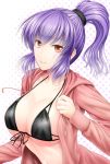  alternate_hairstyle bikini bikini_top black_bikini breasts bust cleavage collarbone front-tie_top large_breasts looking_at_viewer navel open_clothes open_shirt ponytail purple_hair red_eyes scrunchie shiny shiny_skin smile solo swimsuit touhou y2 yasaka_kanako 