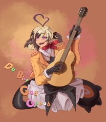  ahoge commentary english_commentary english_text enough gigi_murin guitar hololive hololive_english hood hoodie huge_ahoge idol instrument multicolored_hair orange_hoodie ryufboi sharp_teeth teeth two-tone_hair virtual_youtuber 