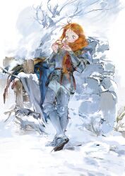  1girl :o against_wall armor bare_tree belt belt_buckle blue_eyes blue_pants blush breastplate broken_wall brown_belt buckle check_clothing clothing_request commentary crossed_ankles cuisses faulds floating_hair forehead_blush full_body gauntlets gloves grass greaves hair_over_shoulder hair_scarf hand_blush highres holding_own_hair long_hair long_sleeves looking_at_hands loose_hair_strand low-tied_long_hair open_mouth orange_hair original outdoors pants pauldrons ponytail raised_eyebrows sabaton shoulder_armor side_ponytail snow solo standing steam tankard tree untranslatable_commentary unworn_gloves winter yayayoshi 
