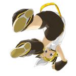  arm_warmers armpits bare_shoulders belt blonde_hair blue_eyes detached_sleeves hair_ribbon kagamine_rin leg_warmers looking_at_viewer open_mouth ribbon sailor_collar short_hair shorts simple_background sketch smile solo upside-down vocaloid white_background 