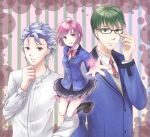  2boys :d blue_hair bow glasses green_eyes green_hair konno_tamao multiple_boys open_mouth pink_eyes pink_hair protagonist_(tokimemo_gs3) red_eyes school_uniform shitara_seiji skirt smile striped striped_background tokimeki_memorial tokimeki_memorial_girl&#039;s_side_3rd_story tokimeki_memorial_girl's_side_3rd_story unya_(unya-unya) vertical_stripes 