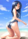  ass blue_hair competition_swimsuit green_eyes katahira_masashi kneeling long_hair looking_at_viewer looking_back one-piece_swimsuit original sketch smile solo swimsuit 