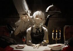  2girls absurdres alcohol black_gloves black_hair blood blood_drip blood_from_eyes candelabra candle candlestand chainsaw_man chef chef_hat closed_eyes closed_mouth commentary cup death_devil_(chainsaw_man) demon demon_girl dress drinking_glass earrings elbow_gloves english_commentary extra_arms falling_devil_(chainsaw_man) fourth_east_high_school_uniform gloves hat highres jewelry multiple_girls owlwy_(owl_roi) pinafore_dress plate school_uniform shirt sleeveless sleeveless_dress sleeveless_shirt white_hair white_shirt wine wine_glass 