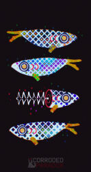  absurdres animal animal_focus animal_skeleton artist_name black_background blue_scales chromatic_aberration colorful commentary corrodedparadox dated_commentary english_commentary fish fish_skeleton full_body gills green_scales halftone highres no_humans original purple_scales simple_background sky solid_circle_eyes sparkle square surreal watermark yellow_eyes yellow_scales 
